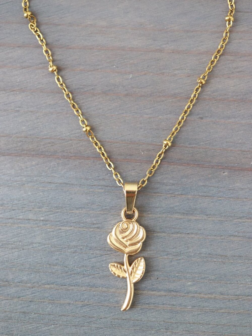 Rose with Stem & Leaves Pendant Necklace 18k Gold Plated Stainless Steel